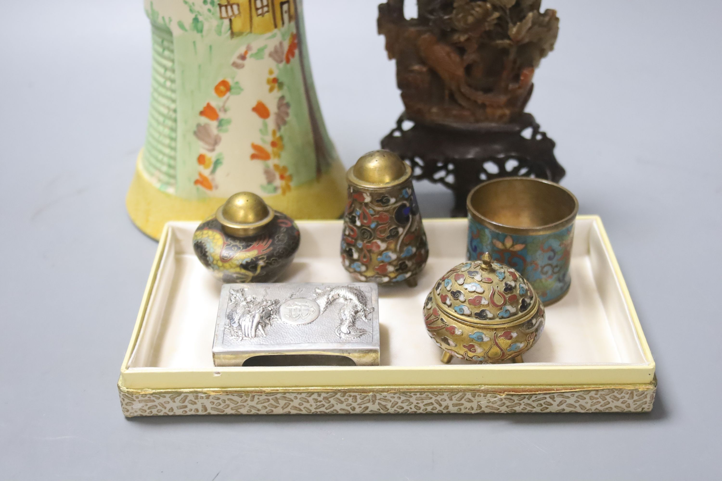 A Chinese soapstone carving, 16cm, a Chinese metal Matchbox holder, and four Chinese cloisonne enamel items